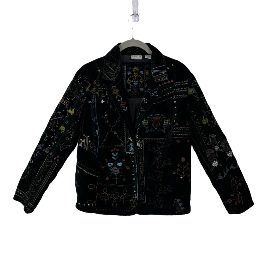 Chico’s Jacket Art Colorful Southwest Women SZ 8 Black Velour Embroidered Blazer